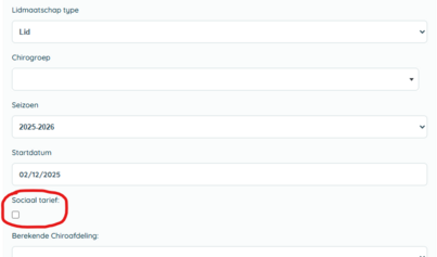 Afbeelding van Twizzit (ledenadministratieplatform) met een cirkel rond sociaal tarief.