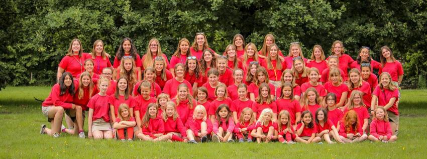 groep, meisjes, rood, groen