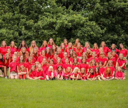 groep, meisjes, rood, groen